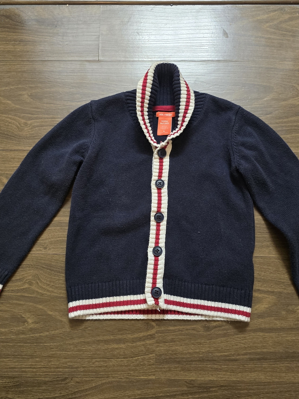 Joe Fresh Navy Cardigan with Cream and Red Trim